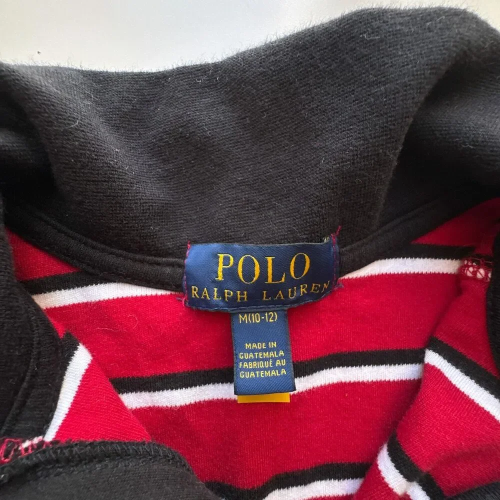 Polo Ralph Lauren Sweater Boys Medium 10-12 Red Black Stripe 1/4 Zip Pullover